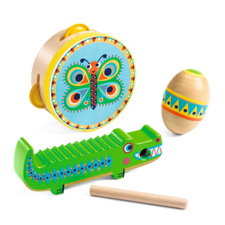 SET OF PERCUSSIONS: TAMBOURINE, MARACAS, GUIRO