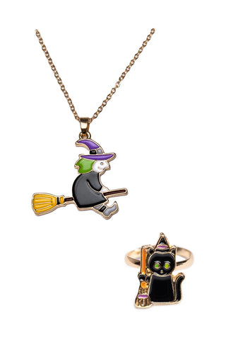 WITCH NECKLACE AND BLACK CAT RING