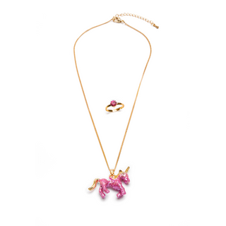 GLITTER PINK UNICORN NECKLACE & RING SET